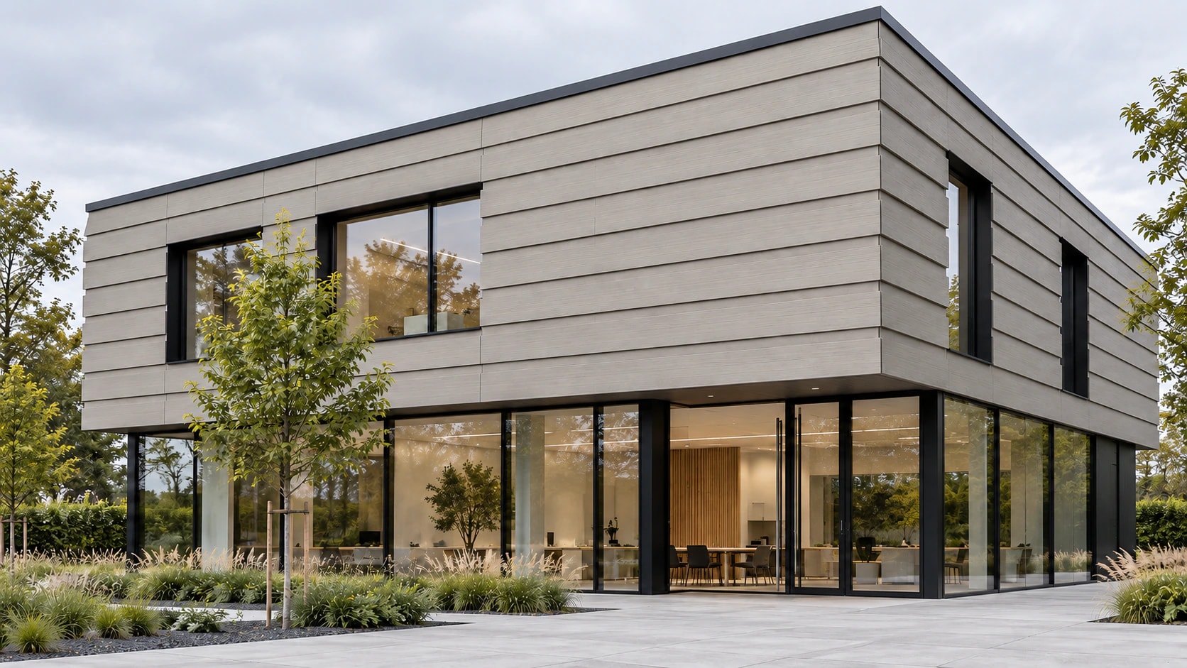 Office building with light grey fluted composite cladding (illustration)