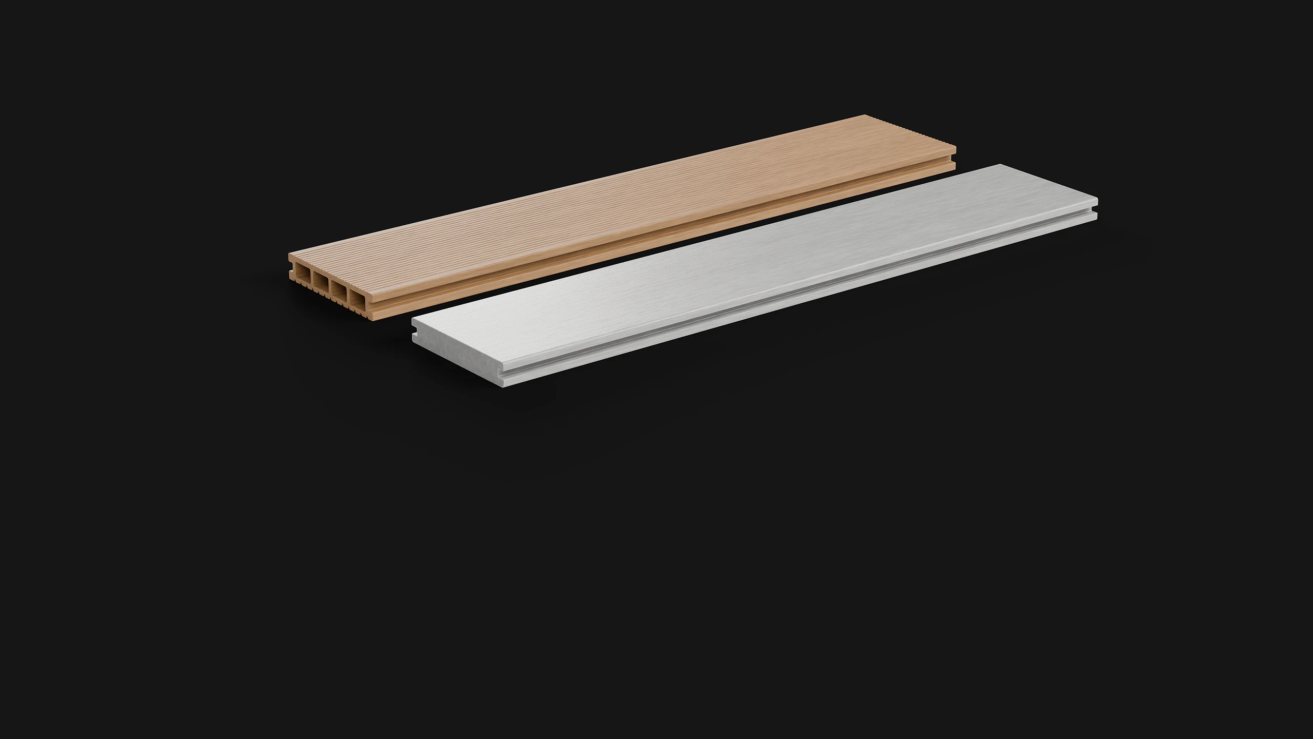 A Classic and a Capped decking board turning to show their cut ends, then a close view of the capped board's edge