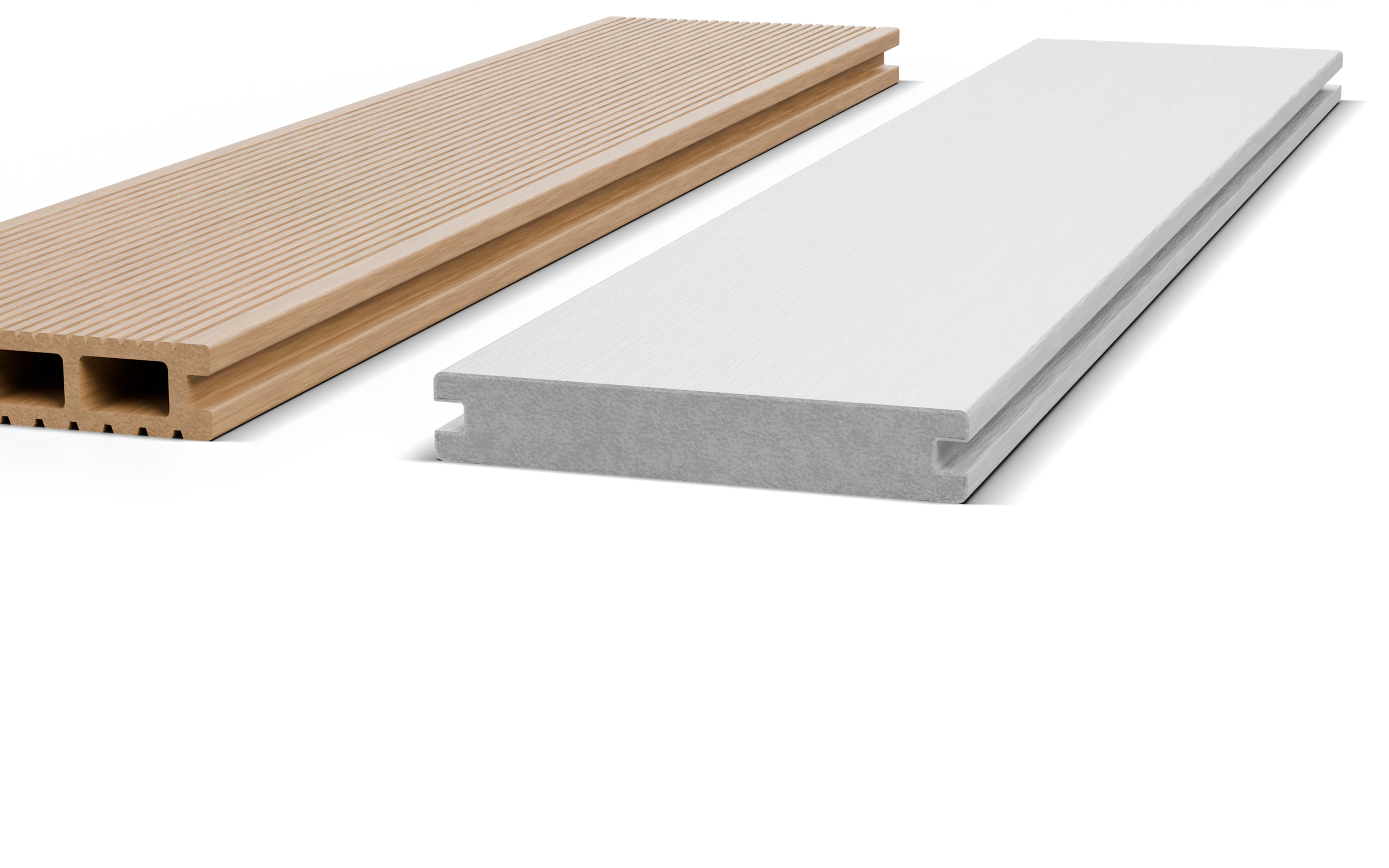Close-up of the cut end of a capped composite decking board