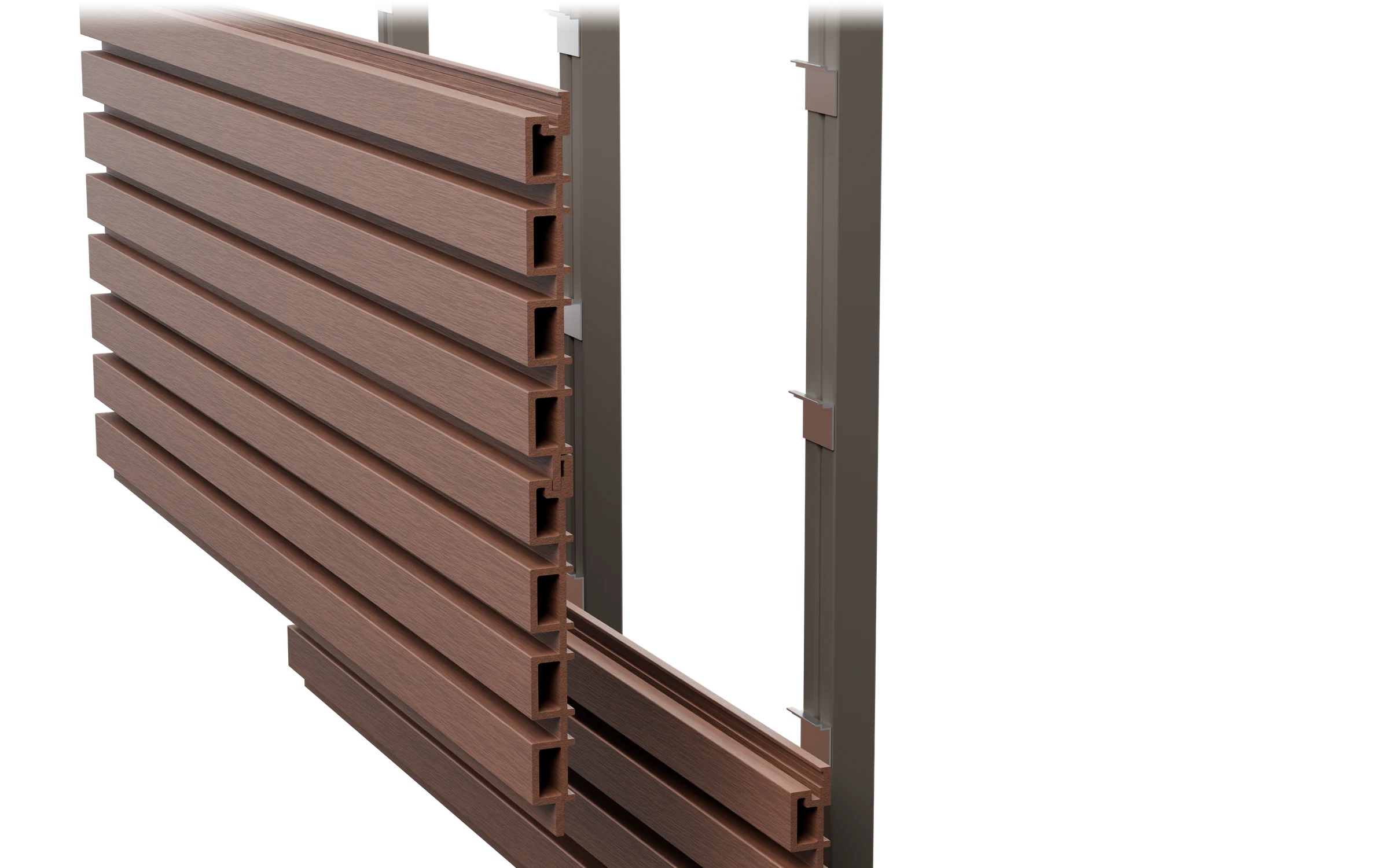 Cutaway of a cladding board held by a hidden clip on a batten